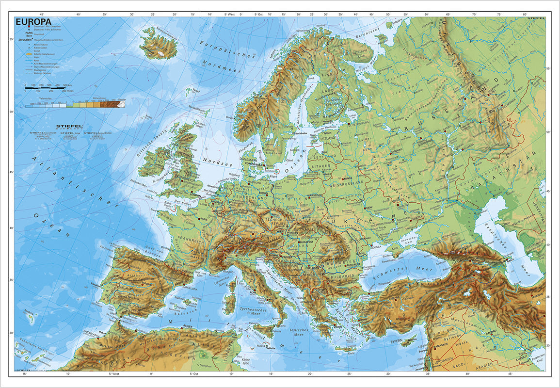 Stiefel Wandkarte Kleinformat Europa, physisch, ohne Metallstäbe