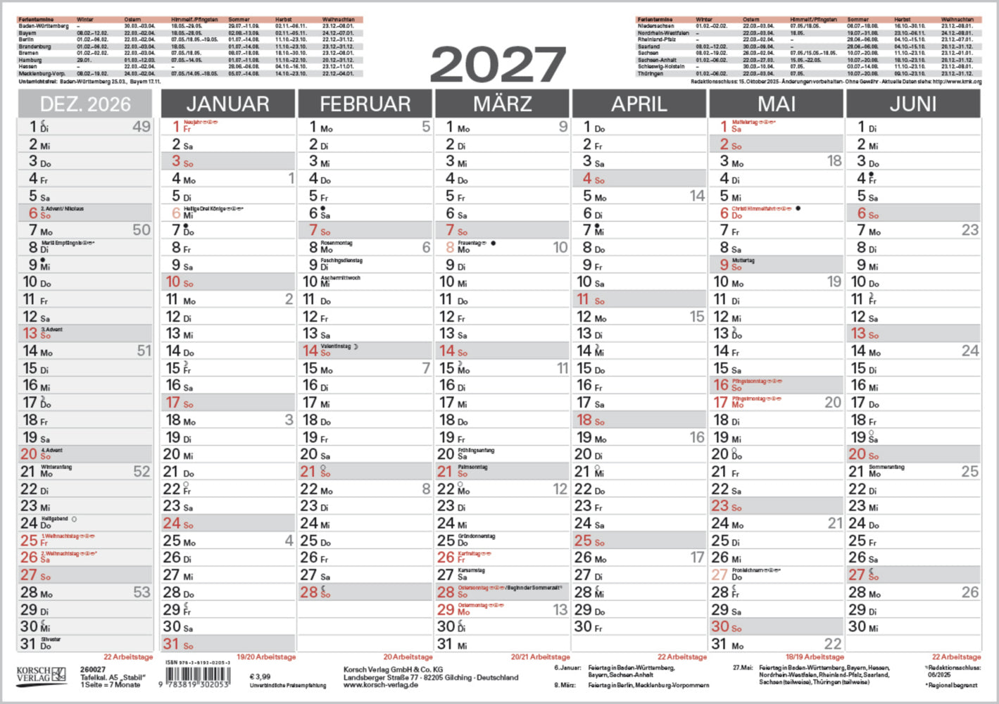 Tafelkalender A5 "Stabil" 2027 (Korsch Verlag)
