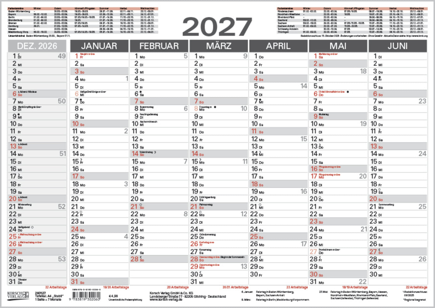 Tafelkalender A4 "Stabil" 2027 (Korsch Verlag)