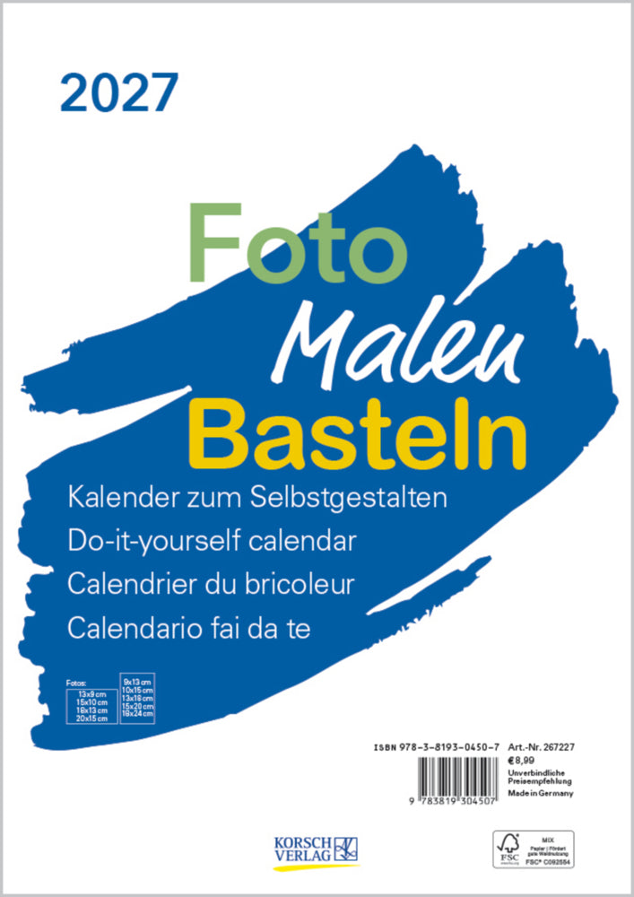 Foto-Malen-Basteln Bastelkalender A4 weiß 2027 (Korsch Verlag)