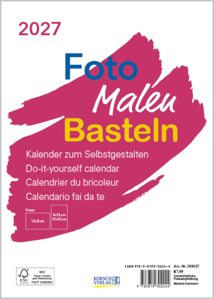 Foto-Malen-Basteln Bastelkalender A5 weiß 2027 (Korsch Verlag)