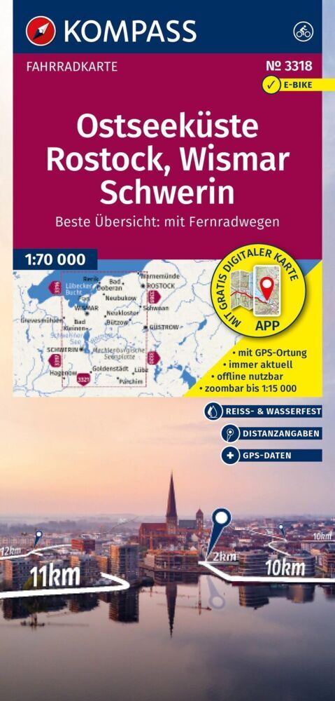KOMPASS Fahrradkarte 3318 Ostseeküste, Rostock, Wismar, Schwerin 1:70.000