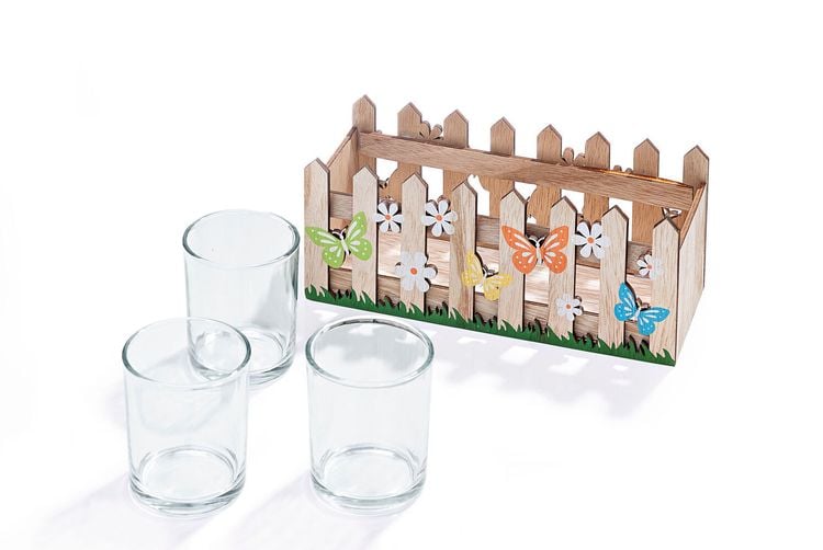 Holzdeko-Set mit 3 Glasvasen