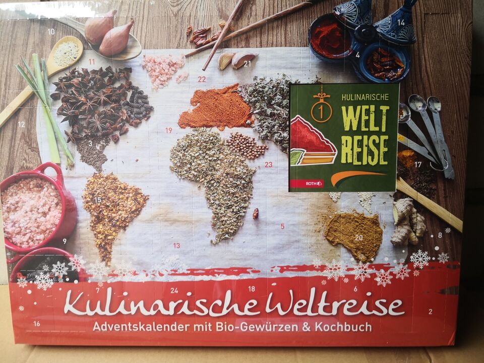 Kulinarische Weltreise Adventskalender mit Bio-Gewürzen (24 x 5g + Kochbuch)
