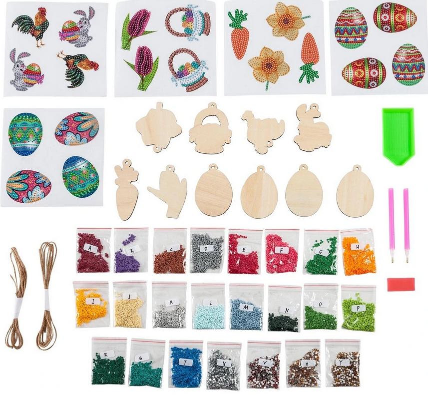 Bastelset Diamond Painting Holzformen und Sticker "Ostern" 47-teilig