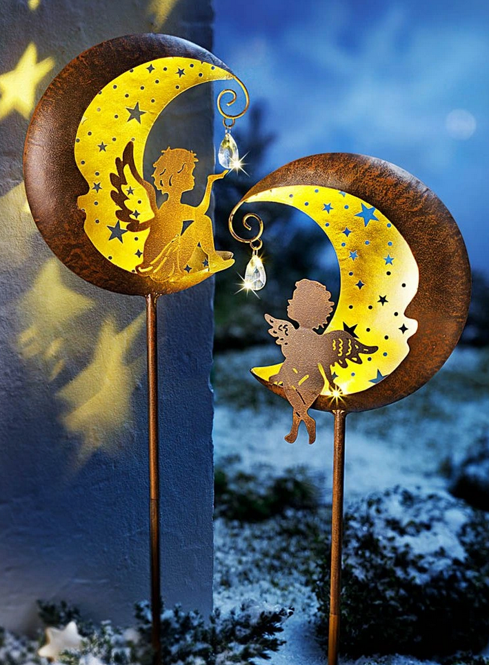 LED-Gartenstecker "Engel im Mond" 2er-Set