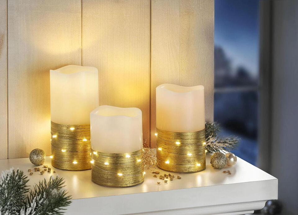 LED-Echtwachskerzen "Goldy" mit Lichterkette, 3er-Set