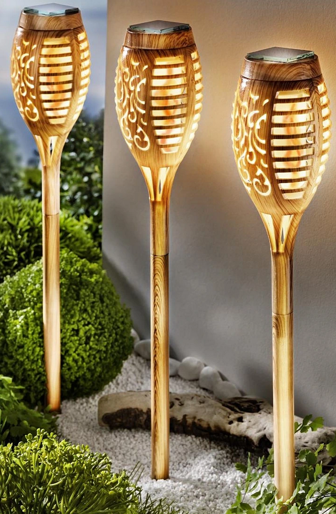 Solar-Gartenstecker "Bamboo Flame" mit Balkonhalterung, 3er-Set