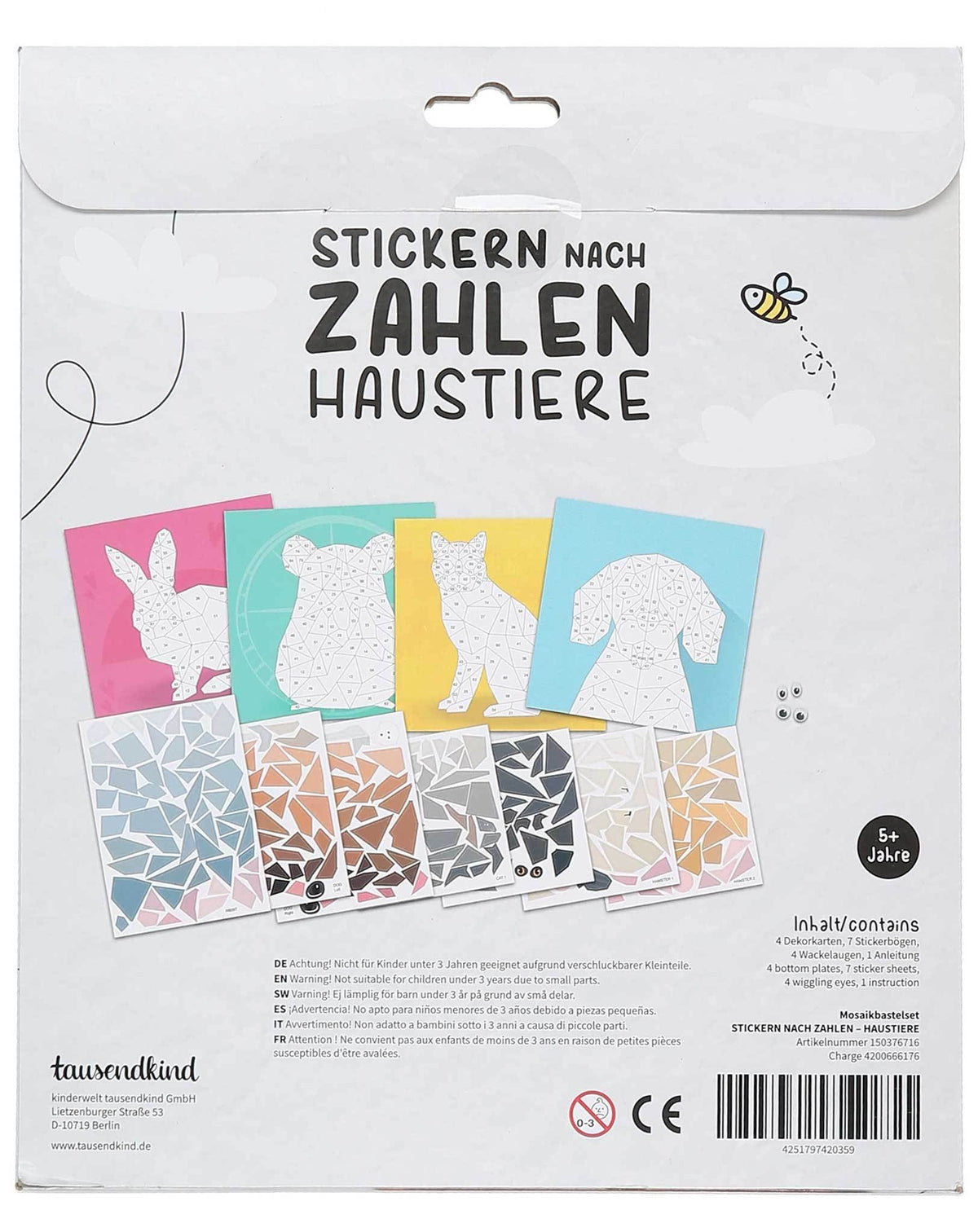 Mosaikbastelset STICKERN NACH ZAHLEN - HAUSTIERE 4-teilig