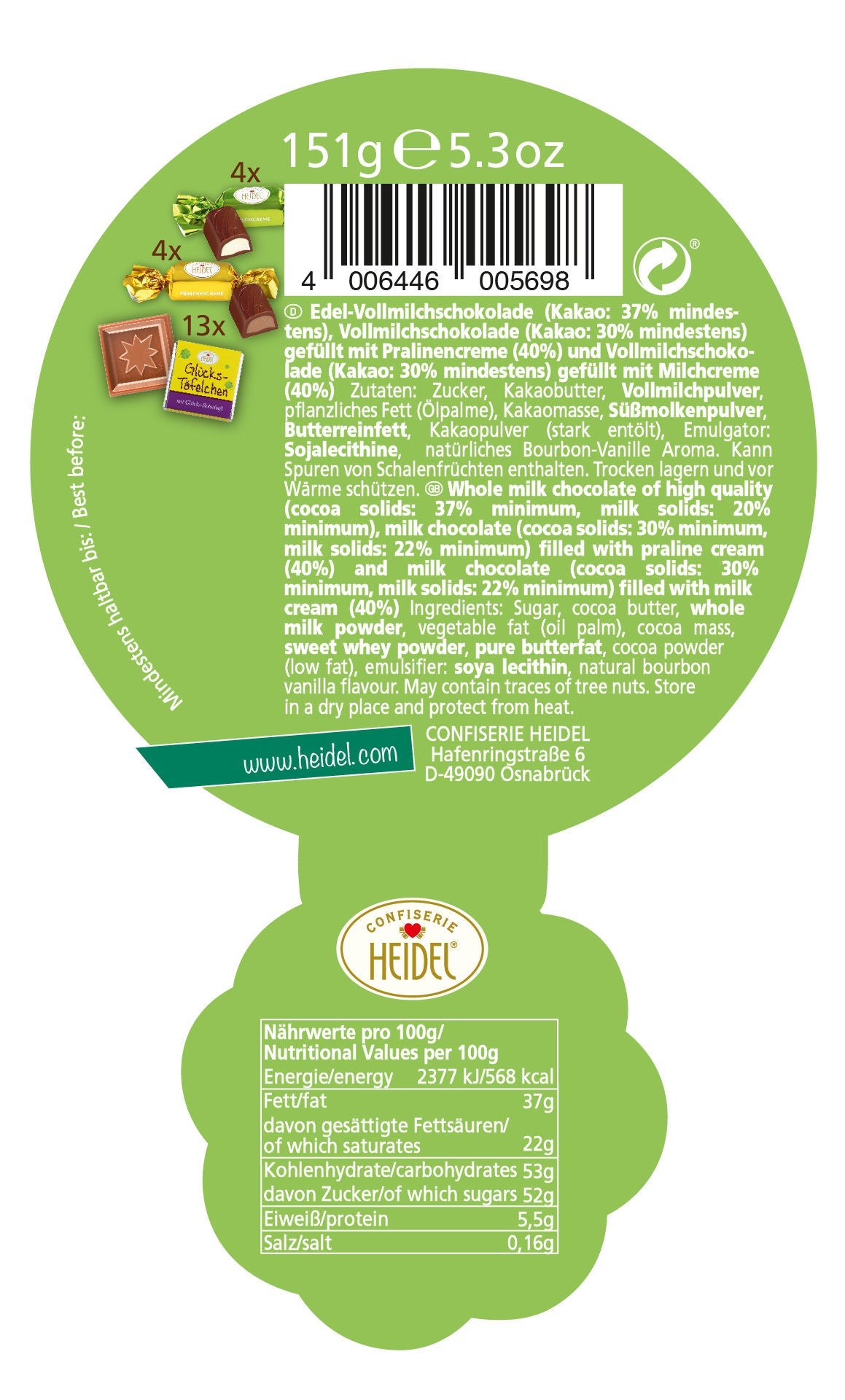 Glücks-Sack mit Edel-Schokolade mit Glücksbotschaften von Confiserie Heidel