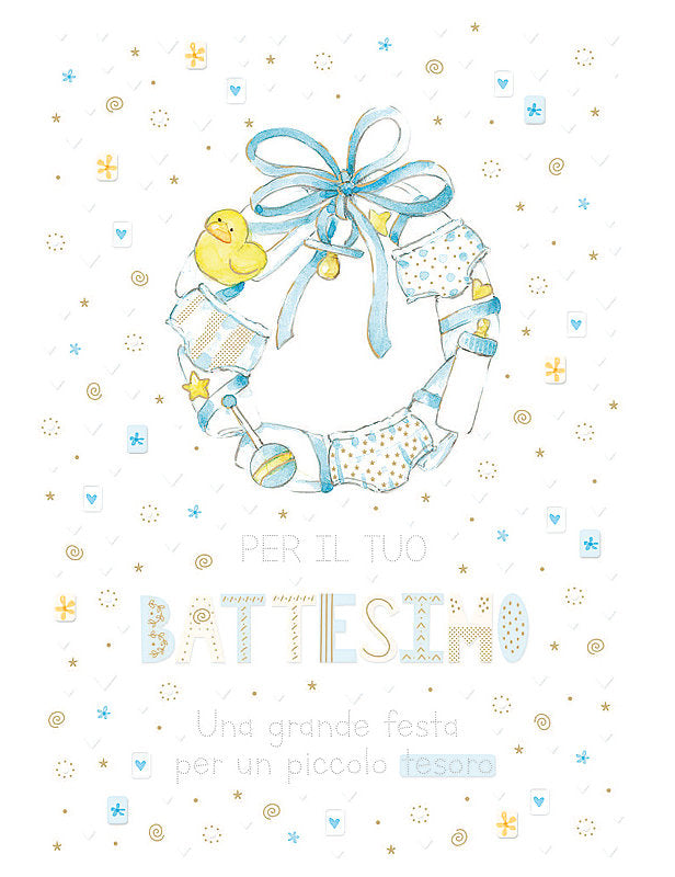 Biglietto Battesimo Azzurro C/rilievo E Foil