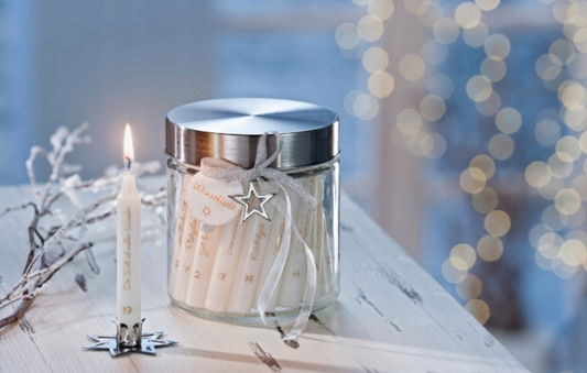 Adventskalender "Lichterzauber" mit 24 Wunsch-Kerzen im Glas (Farbe: weiss)