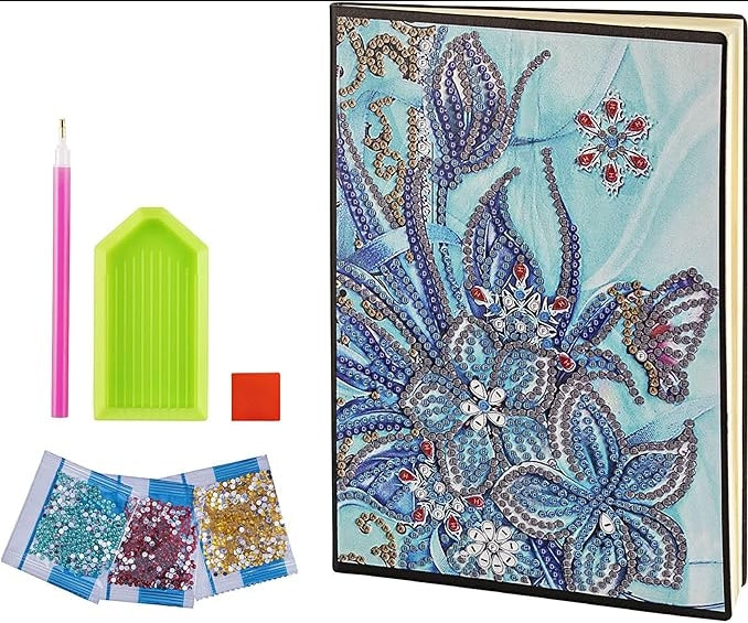 Diamond Painting Notizbuch (Motiv: Blaue Blüten, DIN A5)