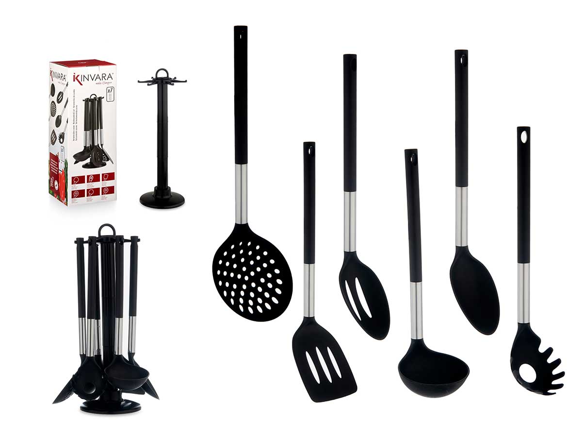 Kochbesteck-Set mit 7 Teilen, schwarz/silber