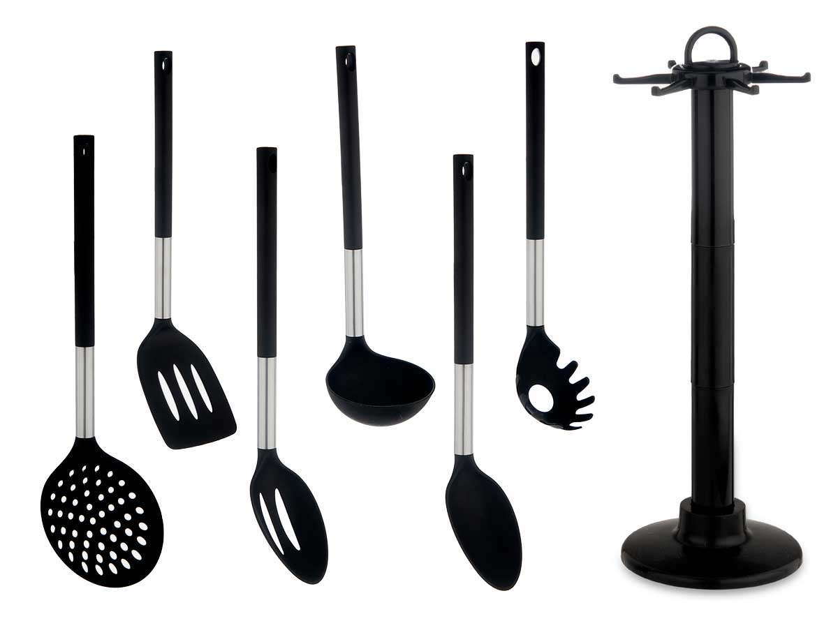 Kochbesteck-Set mit 7 Teilen, schwarz/silber
