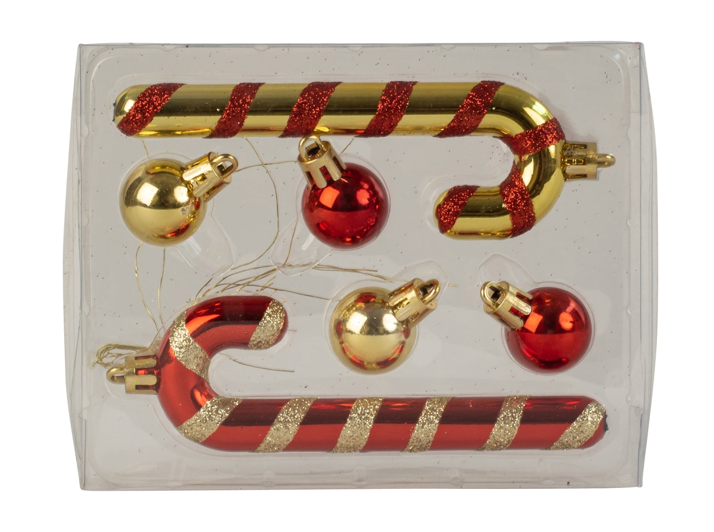 Weihnachts-Deko-Set: 2 Zuckerstangen & 4 Kugeln (gold und rot)