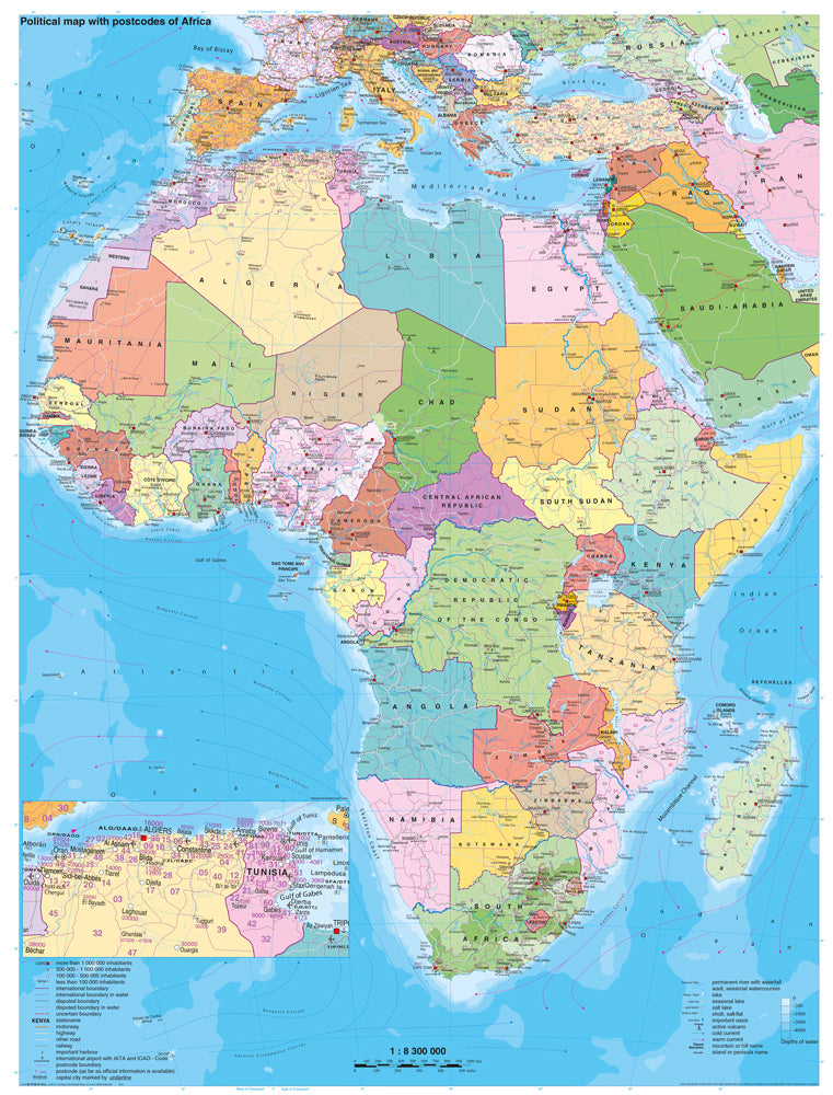 Stiefel Wandkarte Großformat Afrika, politischmit Postleitbereichen , englische Ausgabe, ohne Metallstäbe