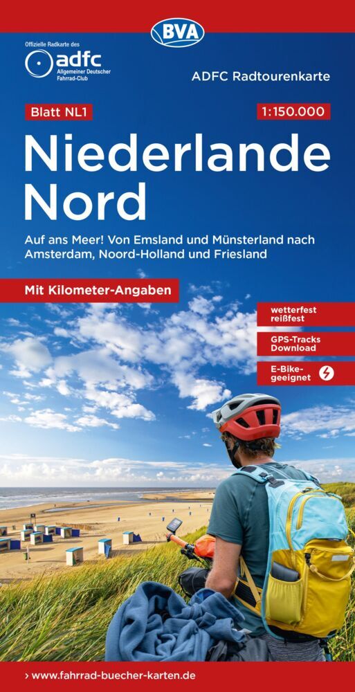 ADFC-Radtourenkarte NL 1 Niederlande Nord 1:150.000, reiß- und wetterfest, E-Bike geeignet, GPS-Tracks Download, mit Knotenpunkten, mit Bett+Bike Symbolen, mit Kilometer-Angaben (Allgemeiner Deutscher Fahrrad-Club E.V. (Adfc))
