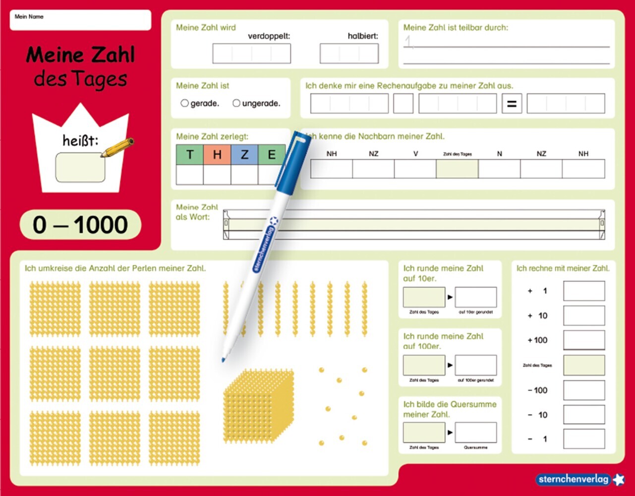 Meine Zahl des Tages 0-1000 - wiederbeschreibbare Lerntafel mit Stift - Mathematik (Sternchenverlag Gmbh)