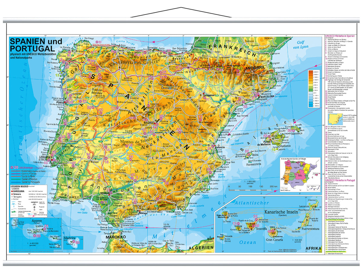 Spanien und Portugal physisch mit UNESCO Welterbestätten und Nationalparks (Heinrich Stiefel)
