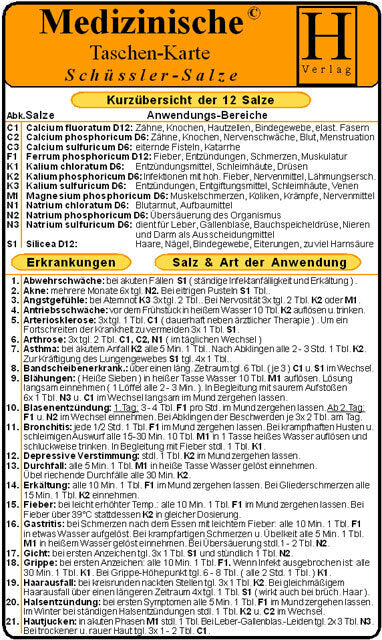 Schüssler Salze - Medizinische Taschen-Karte (Verlag Hawelka)