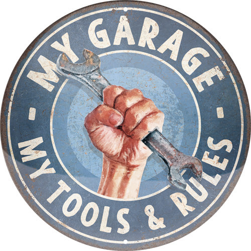 Blechschild rund "My Garage, My Tools & Rules", rund (35 x 35.5 cm)