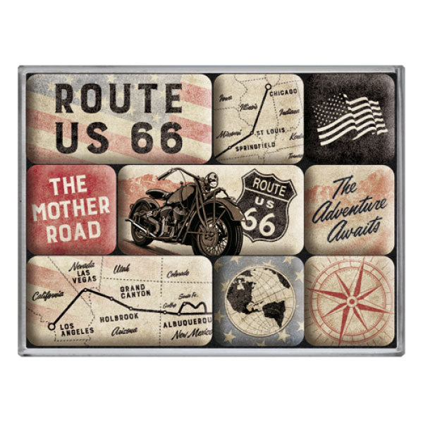 Magnetset "US Highways Route 66 Bike Map" (9 Stk. verschiedene Muster)