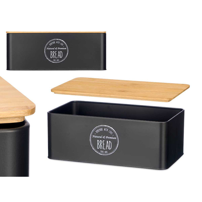 Brotkasten mit Bambusdeckel (schwarz, 18 x 33 x 13 cm)