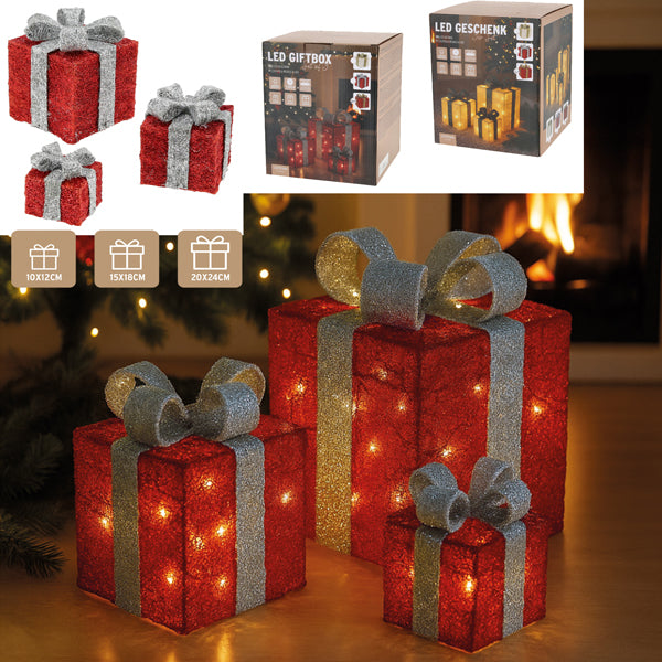LED-Deko-Geschenke "Festlicher Glanz" 3er-Set, rot/silber