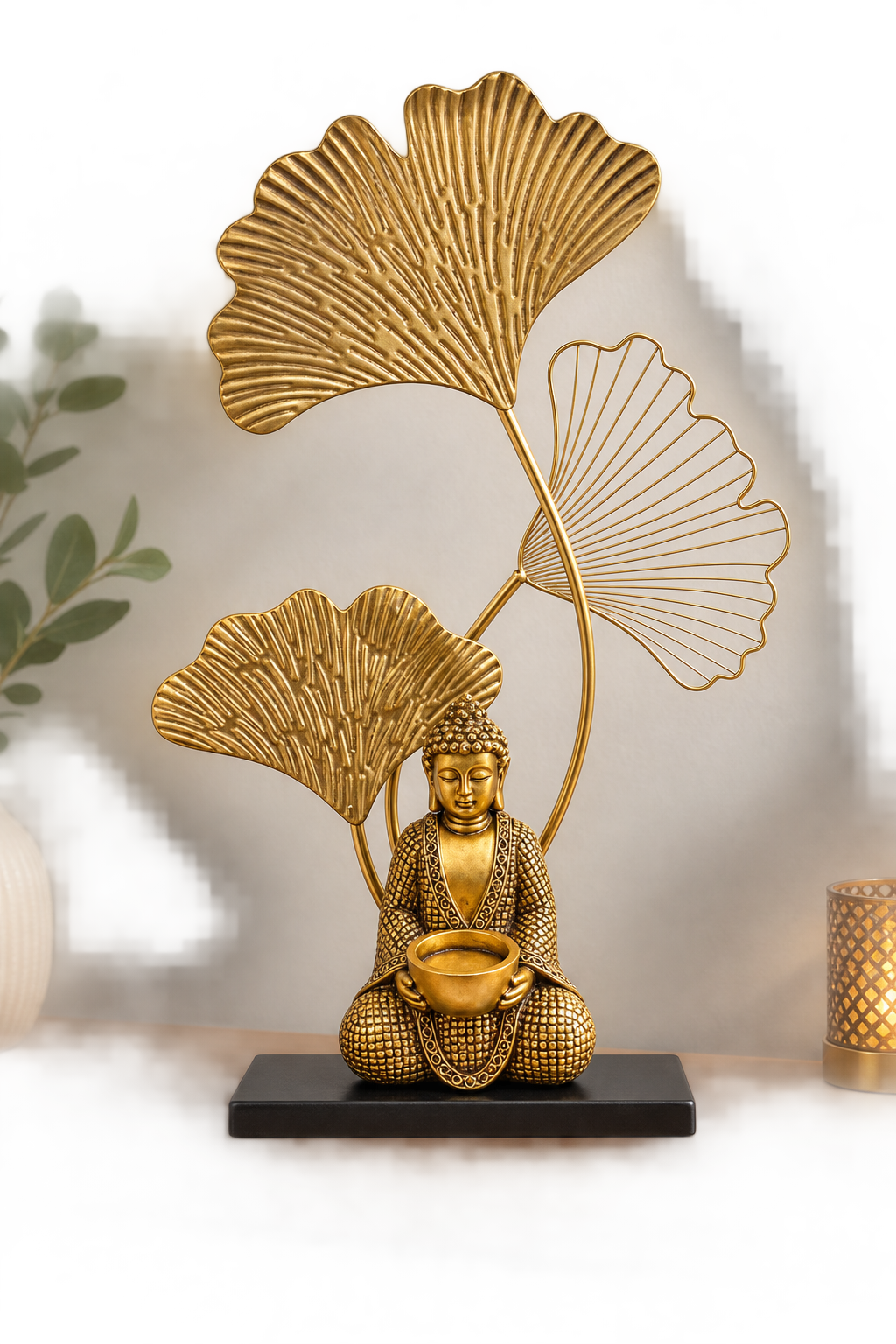 Teelichthalter "Buddha" mit Ginkgoblättern