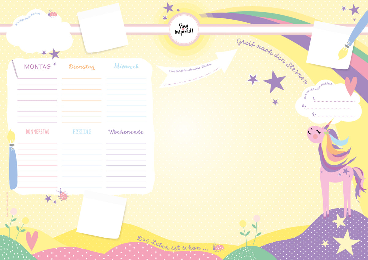Schreibtischunterlage Kinder aus Papier in Gelb / Rosa mit Einhorn Motiv | 50 Blatt zum Abreißen in DIN A2 (Lisa Wirth)