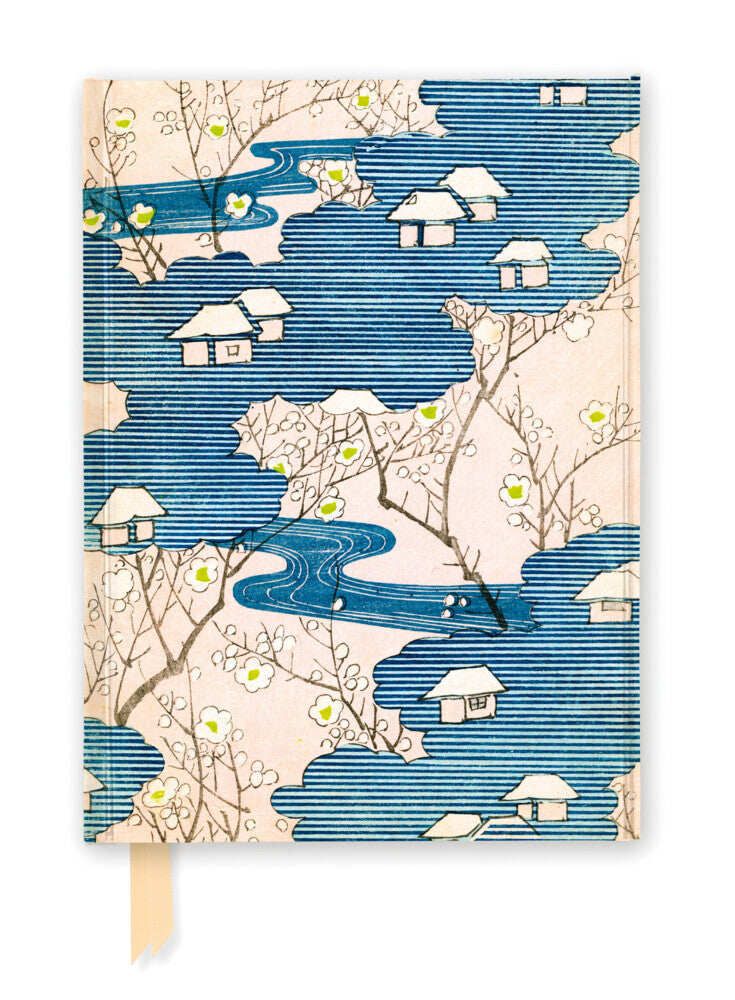 Premium Notizbuch DIN A5: Japanischer Holzschnitt, Hütten mit Flüssen und Kirchblüten (Flame Tree Publishing)