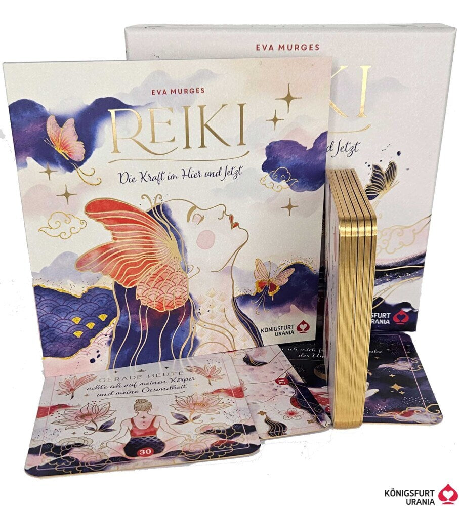 Reiki - Die Kraft im Hier und Jetzt: 32 Achtsamkeitskarten mit Goldfolie und Goldschnitt, Stülpdeckelschachtel mit Goldprägung und 144-seitiges Buch, m. 1 Buch, m. 1 Beilage (Eva Murges)