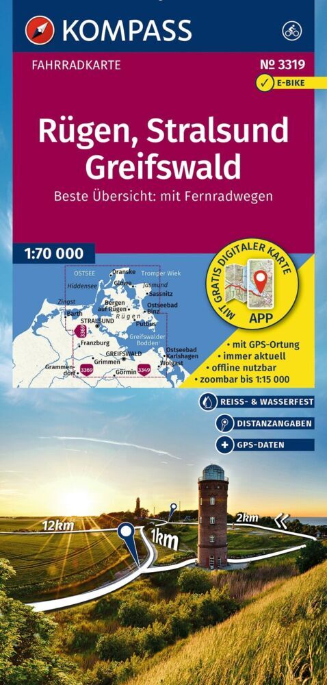 KOMPASS Fahrradkarte 3319 Rügen, Stralsund, Greifswald 1:70.000