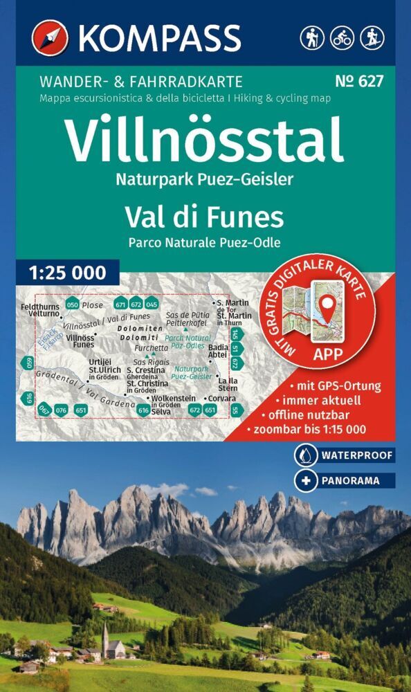 KOMPASS Wanderkarte 627 Villnösstal / Val di Funes, Naturpark Puez-Geisler / Parco Naturale Puez-Odle 1:25.000
