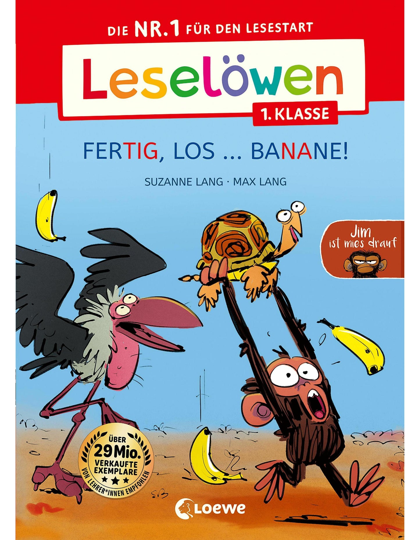 Loewe Verlag Leselöwen 1. Klasse - Jim ist mies drauf - Fertig, los ... Banane! (Großbuchstaben) (Deutsch, 2023, Max Lang, Suzanne Lang, Loewe Erstes Selberlesen, Pia Jüngert, Loewe Erstlesebücher)