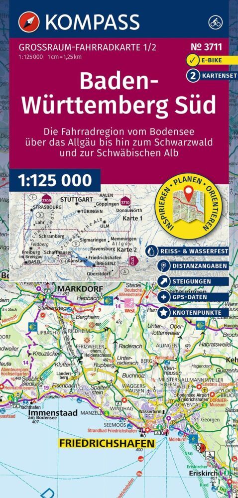KOMPASS Großraum Fahrradkarte 3711 Baden-Württemberg Süd, die Fahrradregion vom Bodensee über das Allgäu bis zum Schwarzwald und der Schwäbischen Alb; mit Knotenpunkten 1:125.000