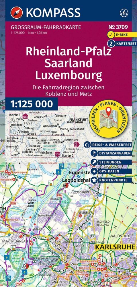KOMPASS Großraum Fahrradkarte 3709 Rheinland-Pfalz, Saarland, Luxembourg mit Knotenpunkten 1:125.000