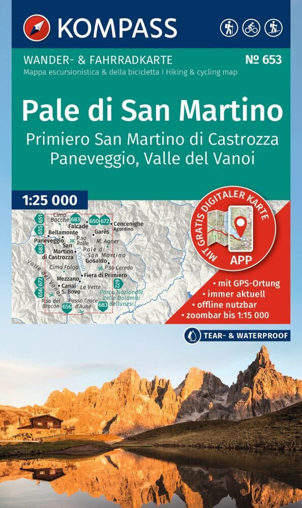 KOMPASS Wanderkarte 653 Pale di San Martino, Primiero San Martino di Castrozza, Paneveggio, Valle del Vanoi 1:25.000