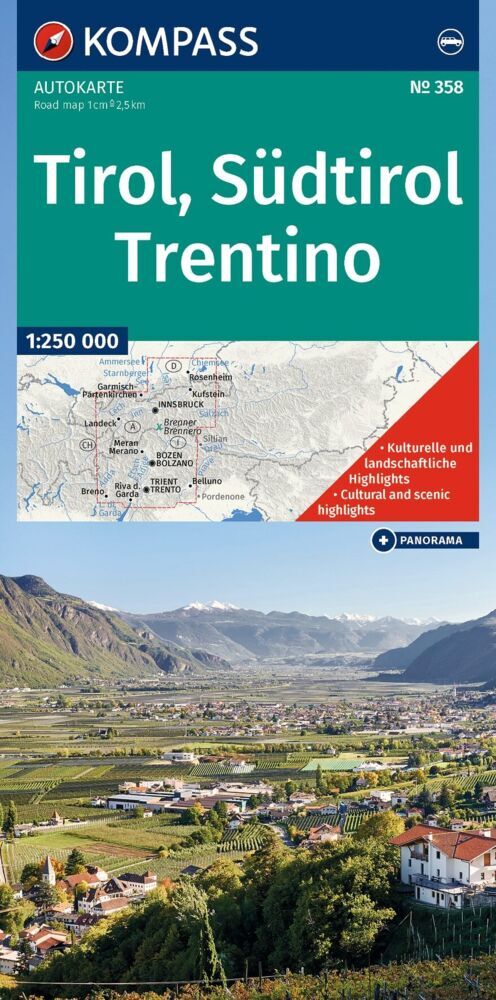 KOMPASS Autokarte Tirol, Südtirol, Trentino/Tirolo, Alto Adige, Trentino 1:250.000