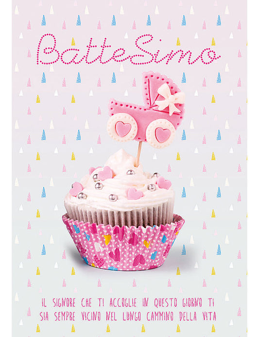 Biglietto Battesimo Rosa C/glitter