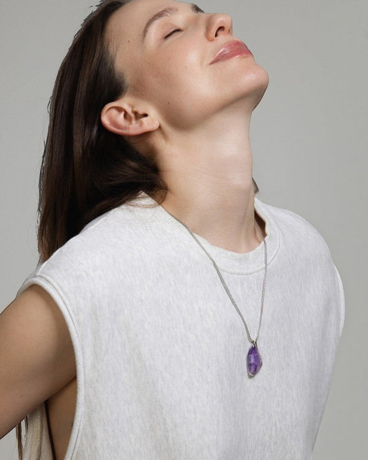 Elsita Jewelry Kaleidoscope III amethyst pendant necklace with sterling silver bail on a stainless steel chain.