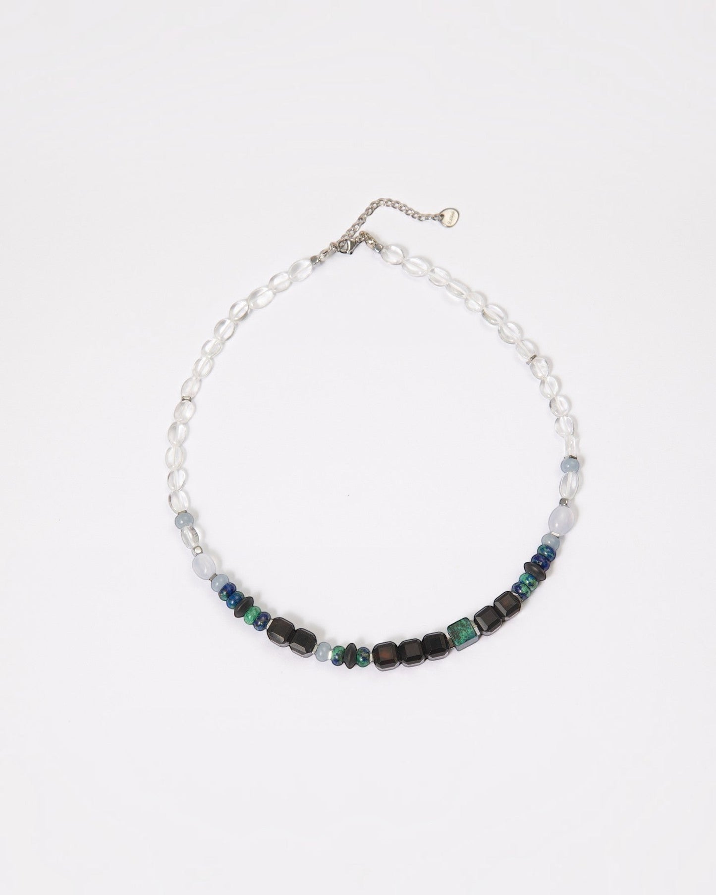 Elsita Jewelry Blausee Deep necklace featuring chrysocolla, black agate, and chalcedony beads on a stainless chain.