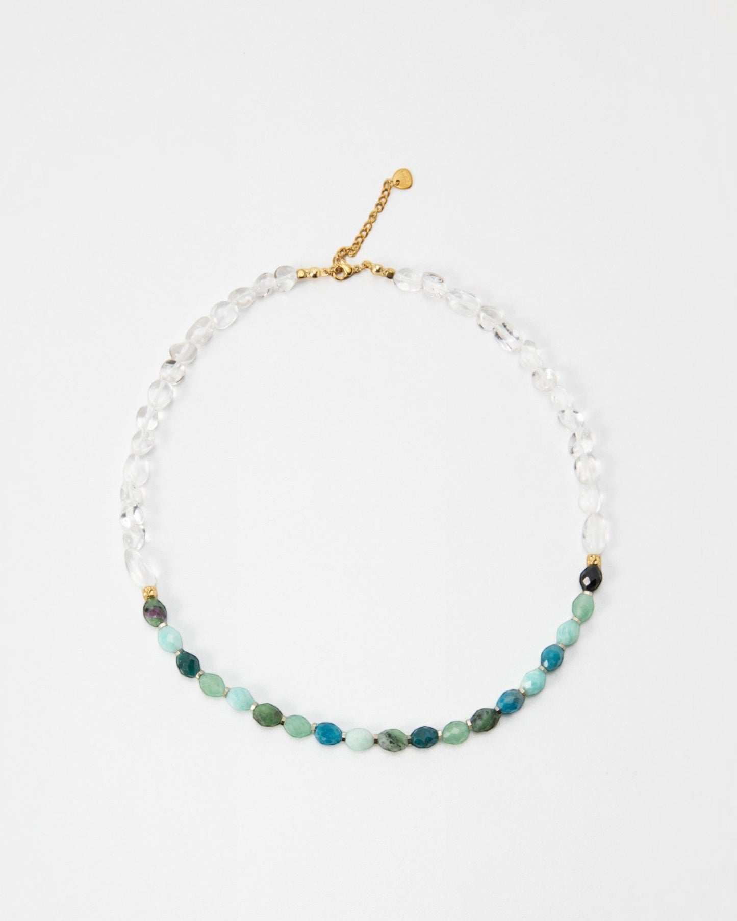 Elsita Jewelry Mint necklace featuring Amazonite, Aventurine, Apatite, and clear quartz beads on a stainless steel chain.