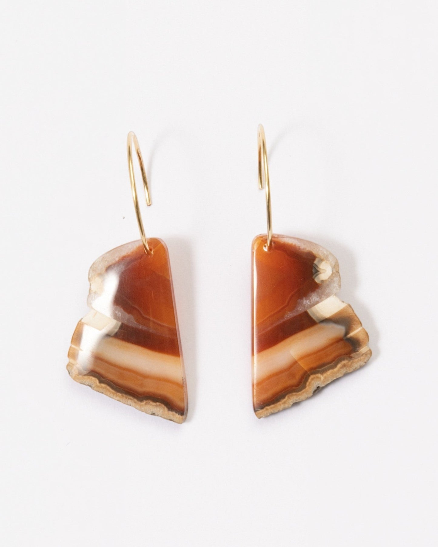 Elsita Jewelry Wild 6 raw Indonesian agate slice earrings with natural banding on 14K gold-filled hoops.