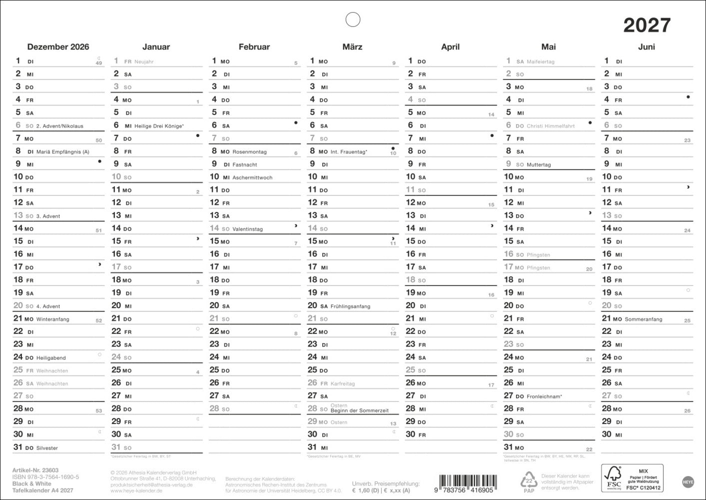 Black&White Tafelkalender A4 2027