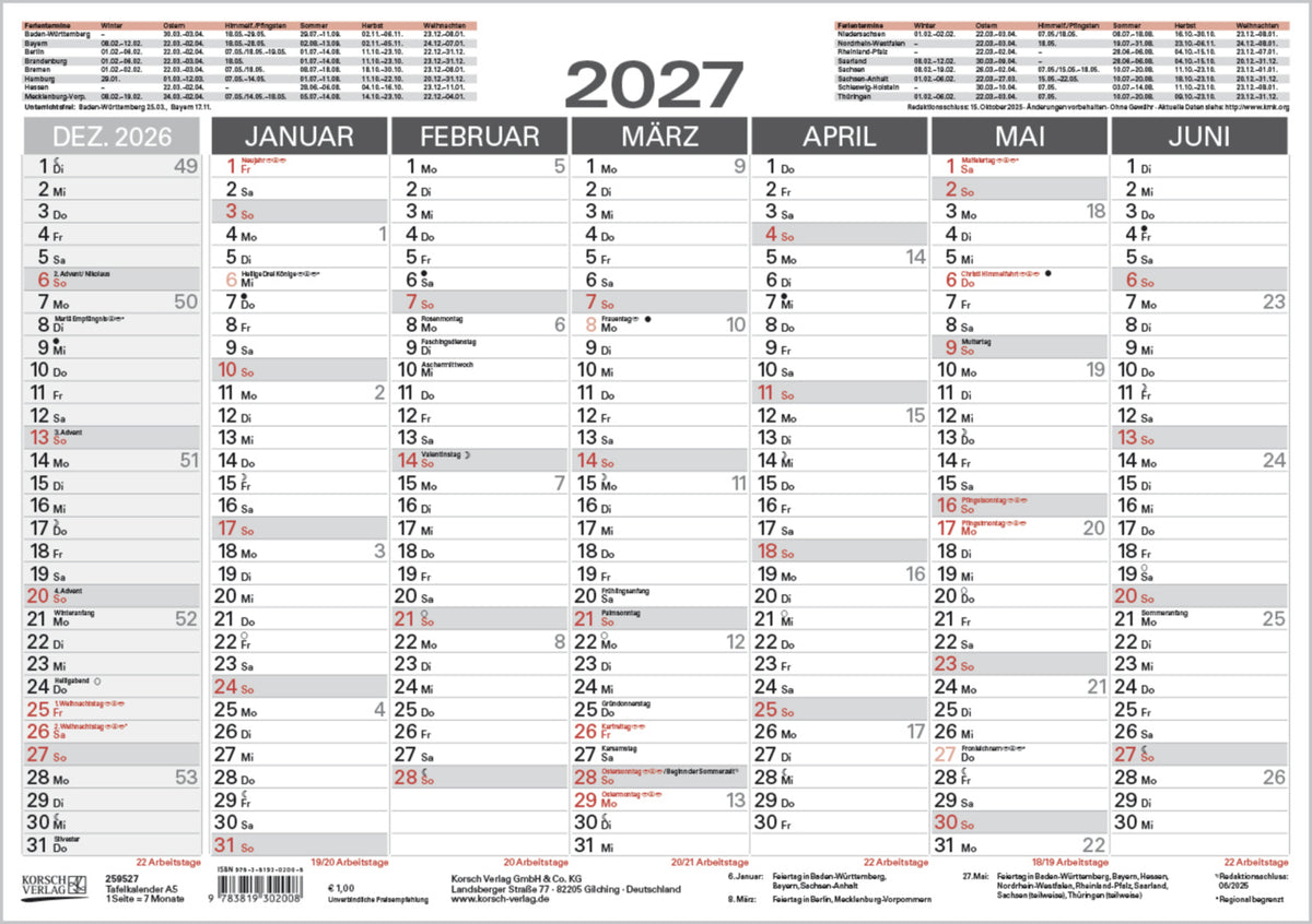 Tafelkalender A5 2027 (Korsch Verlag)