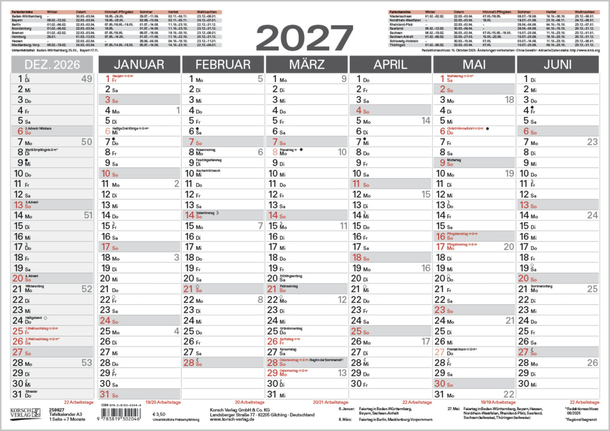 Tafelkalender A3 2027 (Korsch Verlag)