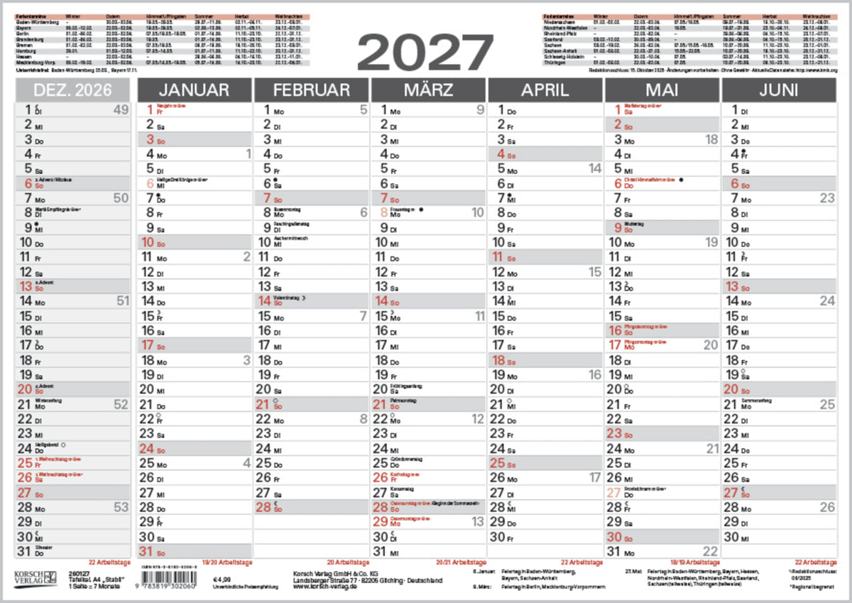 Tafelkalender A4 "Stabil" 2027 (Korsch Verlag)