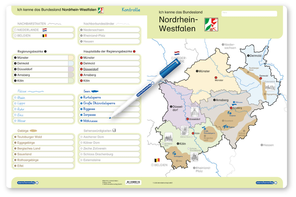 Ich kenne das Bundesland Nordrhein-Westfalen- Lerntafel mit Stift (Sternchenverlag Gmbh)